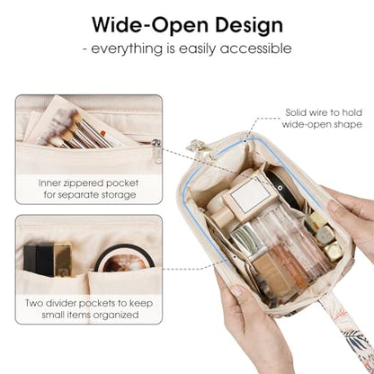 Narwey Travel Makeup Bag Toiletry Bag, Wide Open Cosmetic Bag for Women - color: B-Beige Flamingo, size: Small