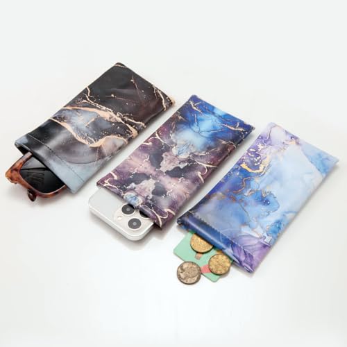TRIUMPH VISION Eyeglass Case Glasses Case Soft Sunglass Pouch Sleeve 3 Pack - color: Pu Leather Marble Black Grey Blue Purple