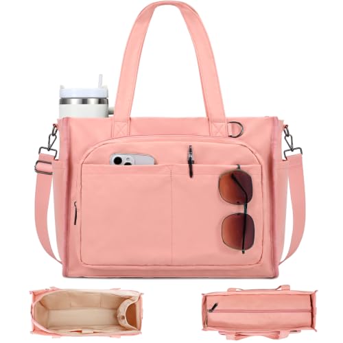 oscaurt Work Tote Bag for Women, 18 Pocket Laptop Tote, 15.6" Compartment - color: Pink