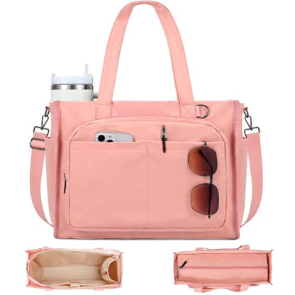 oscaurt Work Tote Bag for Women, 18 Pocket Laptop Tote, 15.6" Compartment - color: Pink