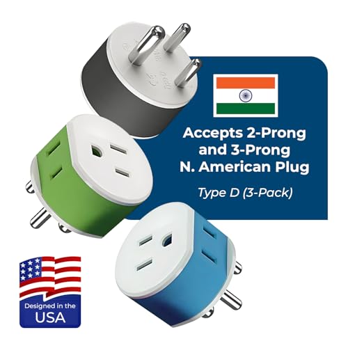 OREI India, Nepal, Maldives Power Plug Adapter with 2 USA Inputs - Travel 3 Pack - Type D (US-10) Safe Grounded Use with Cell Phones, Laptop, Camera Chargers, CPAP, and More - style: Type-D India,Nepal