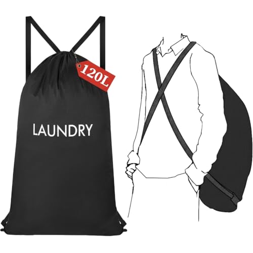 120L Waterproof Laundry Backpack for College & Apartment | Heavy-duty, hands-free carrying with ergonomic straps. 100% waterproof nylon prevents leaks. Holds 3-4 loads of clothes - color: Black