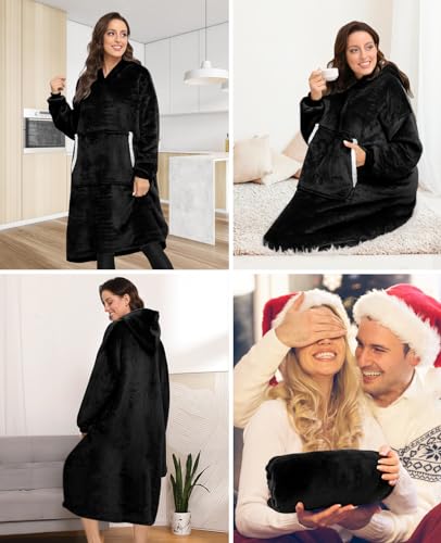 Sendowtek Wearable Hoodie Blanket Sweatshirt for Adults 3.9ft Long, Black - color: Black