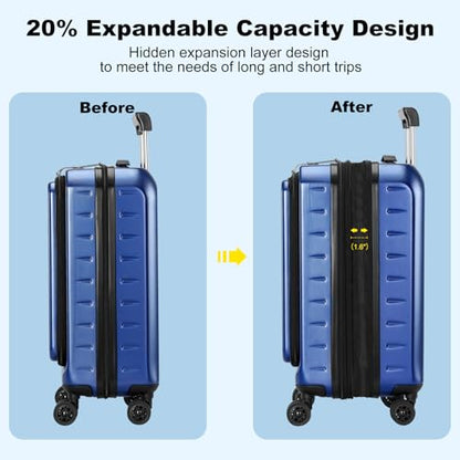CENSIEN Expandable 20" Carry On Luggage Airline Approved with Front Pocket - color: Navy Blue, size: 20 Inch EXT