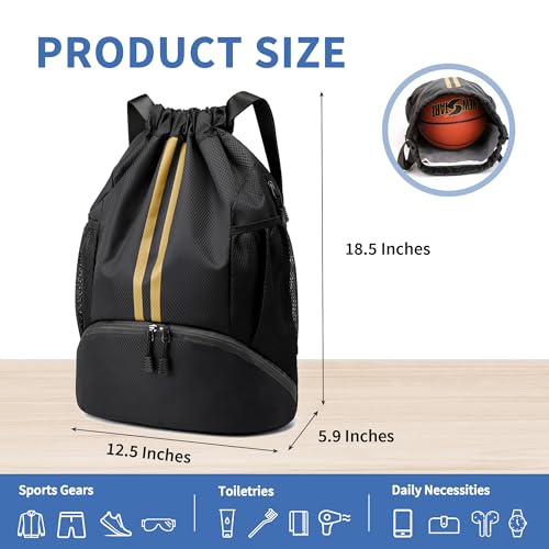 JELUTAR Drawstring Backpack Gym Bag with Shoes Pocket, Black Gold - color: Black Gold, size: Large