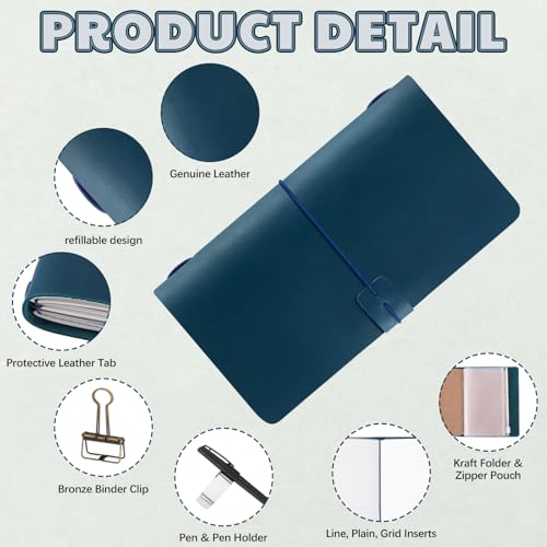 Traveling Refillable Leather Journal Notebook, Blue, Regular Size - color: Blue, size: Regular Size