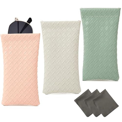 Vemiss 3 Pack Glasses Case, Squeeze Top Soft Sunglasses Pouch - color: Light Grey Pink Green