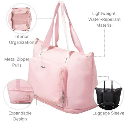 Baggallini Carryall Expandable Lightweight Travel Tote 22" Packable Folding Compact Nylon Washable Weekender w/Luggage Sleeve - color: Bagg Pink