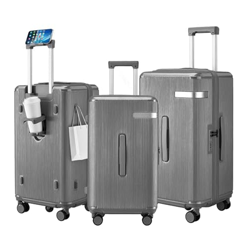 3 Piece Luggage Set with Spinner Wheels Cup Holder, Gray - color: Gray