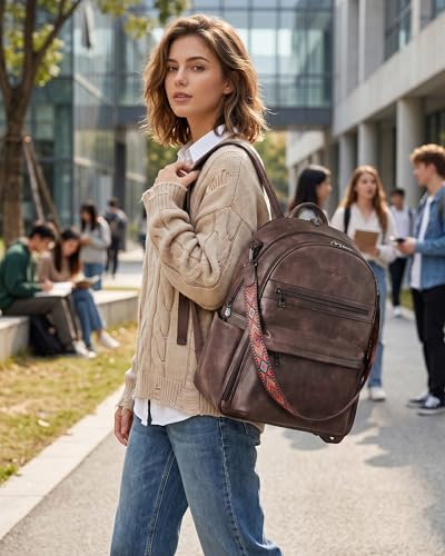 FADEON 15.6 Inch Laptop Backpack Purse for Women, Large Capacity - color: Coffee Brown Retro Style