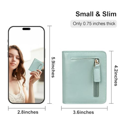 Itslife Women's Rfid Blocking Small Compact Bifold Leather Pocket Wallet Ladies Mini Purse with id Window (Waxed Light Green) - color: Turquoise