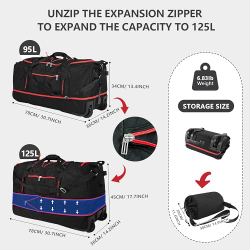 31” 95L Expandable to 125L Foldable Wheeled Duffle Bag, Black Red - color: Black Red
