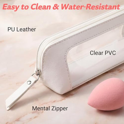 9" Clear Makeup Brush Bag, Small White Pencil Case, Multifunctional - color: White