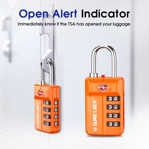SURE LOCK TSA Approved 4-Digit Resettable Combination Luggage Locks with Open Alert, Easy-Read Dials - for Luggage, School Lockers, Gym, Office, Toolbox & Security Cases (Orange 2 Pack) - color: ORANGE 2PACK