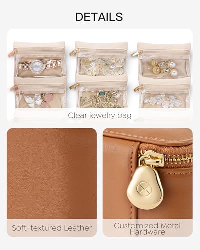 VLANDO Travel Jewelry Organizer with 6 Clear Velvet Zipper Pouches,Brown - color: E.6 PCS Brown