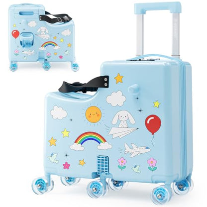 Ride on Suitcase for Kids, Hard Shell Kids Luggage with Belt, Foldable Pedal & Front Grab Handles, Hidden Cup Holder, TSA Lock, 6 Spinner Wheels, Kids Carry on Suitcase for Travel, Blue - color: Blue