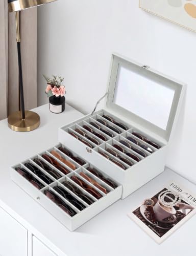 Sunglasses Storage Organizer Case with 24 Adjustable Slots, 2 Layer Multi Eyeglass Glasses Display Box with Lid Women - color: Off White,24 Slots