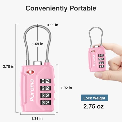Puroma 2 Pack TSA Approved Luggage Locks 4 Digit Code Cable Lock Basic Pink - color: Basic Pink