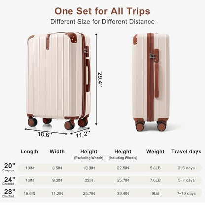 Travel Luggage Set 3 Piece, Premium ABS Hardshell Suitcase with TSA Lock, 20/24/28 Inch Lightweight Spinner Wheels, Durable Lightweight Carry On Bag Sets - color: B - Ivory