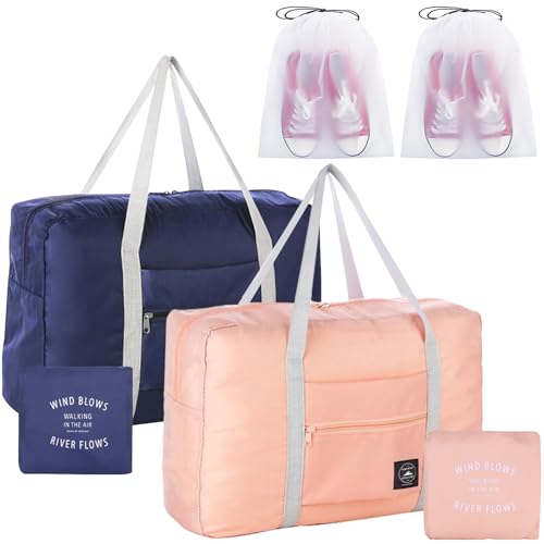 Travel Bag 2PCS Foldable Duffle Tote Weekender Overnight Luggage Bag - color: Pink+Blue