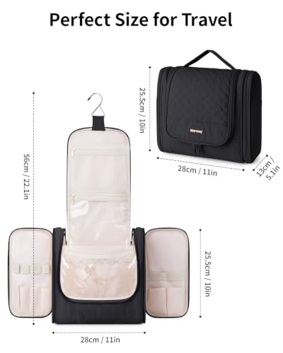 Narwey Hanging Toiletry Bag for Women, Quilted Travel Cosmetic Makeup Bag - color: Black