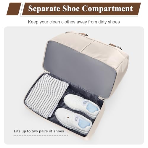Travel Duffel Bag with Shoe Compartment,Overnight Weekender Bags for Women - color: Beige & Brown with Toiletry Bag