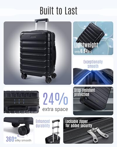 LIGHT FLIGHT Carry On Luggage 22x14x9 Airline Approved Suitcase,Black - color: Black