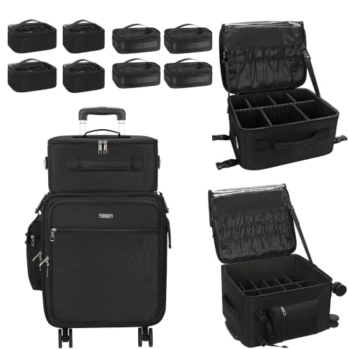 Relavel Rolling Makeup Case Professional Makeup Train Case, Rolling Makeup Kit Bag Makeup Artist Travel Bag with Wheels, Portable Travel Beauty Trolley Case for Cosmetology Storage(Black) - color: Black with 8 Mini Bags