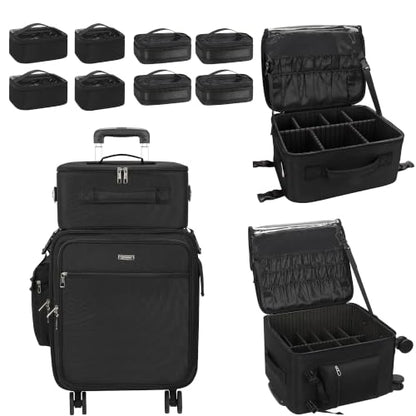 Relavel Rolling Makeup Case Professional Makeup Train Case, Rolling Makeup Kit Bag Makeup Artist Travel Bag with Wheels, Portable Travel Beauty Trolley Case for Cosmetology Storage(Black) - color: Black with 8 Mini Bags