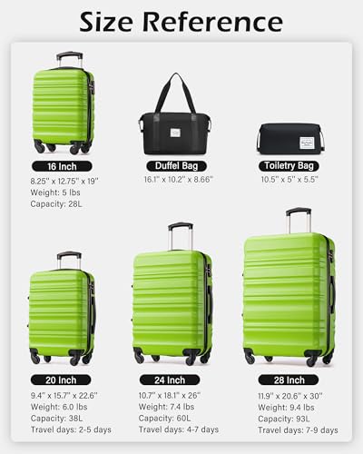 LONG VACATION Luggage Sets, 6 Piece, Hardshell Suitcase with Spinner Wheels - color: APPLE GREEN, size: 6-Piece Set
