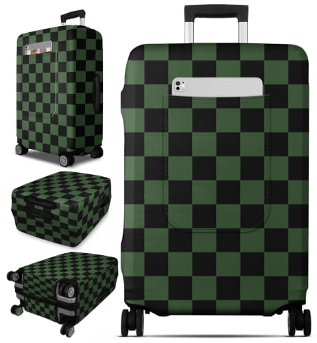 Slohif Dark Green Checkered Luggage Cover with Storage Pocket 24-27 inch - color: Dark Green Checkered, size: M-(24-27)Inch