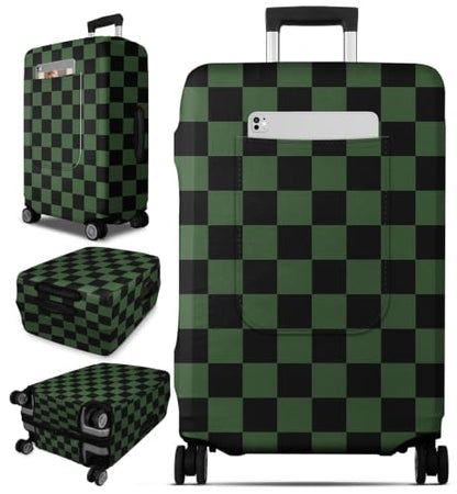 Slohif Dark Green Checkered Luggage Cover with Storage Pocket 24-27 inch - color: Dark Green Checkered, size: M-(24-27)Inch
