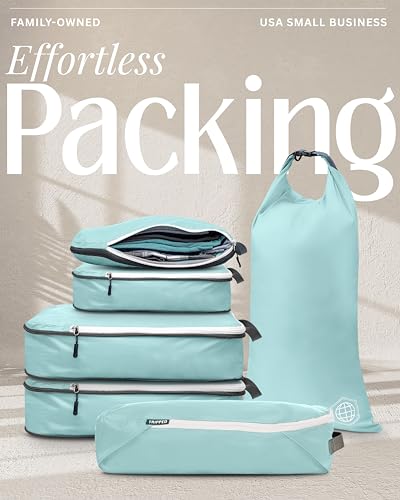 TRIPPED Travel Gear Compression Packing Cubes for Carry-On Travel 6-Pack - color: Dusty Teal and White, size: 6 Piece