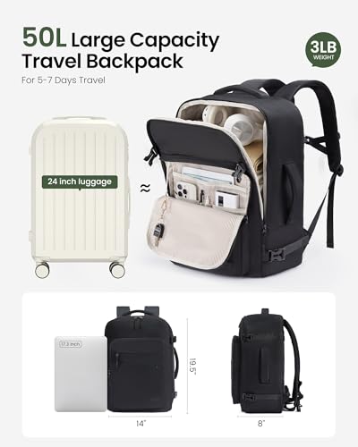 LOVEVOOK 50L Travel Backpack for Women Men, Large Travel Carry on Backpack - color: Black, size: 50L