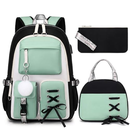 ACESAK 3PCS Teen Girls Backpack with Lunch Bag Set&USB Charging Port,Green - color: Black With Pea Green Accent