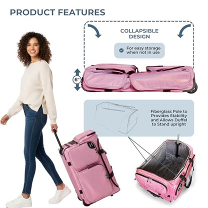 Travolution NEW Glittering Dance Bag with Garment Rack, 23 Inch Rolling Duffel With Wheels, Ideal for Competitions & Travel, Easy-assembly Lightweight Aluminum Clothes Rack (Glitter Pink) - color: Glitter Pink 23"