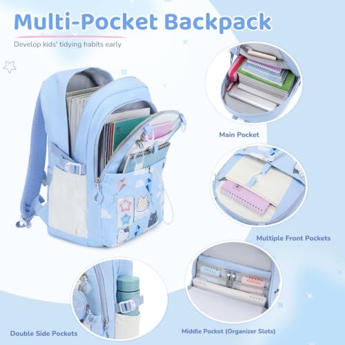 DIGOBAY Backpack for Girls, 5PCS School Bookbag with Lunch Box Pencil Case - color: Blue Cat