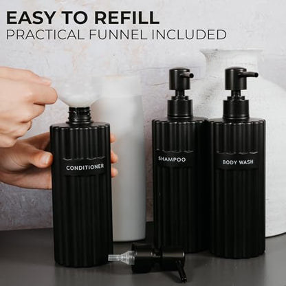 Stylish Shampoo & Conditioner Dispenser Set of 3 - Fluted 19oz Bottles - color: Black