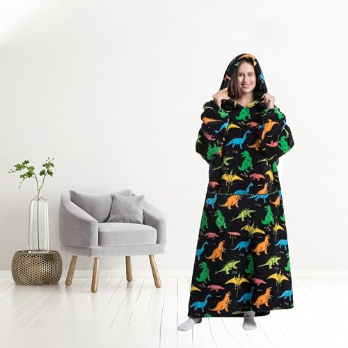 Capecage Long Wearable Blanket Hoodie with Big Pocket,Gift for Women or Men - color: Dinosaur