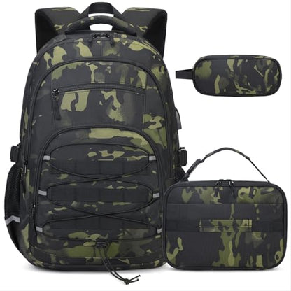 ACESAK 3PCS Camo Backpack for Boys with Lunch Box Pencil Case - color: Black Camo