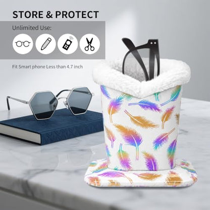 Plush Lined Eyeglasses Holder, Cute Glasses Stand for Women Kids - color: Integrated White Feather
