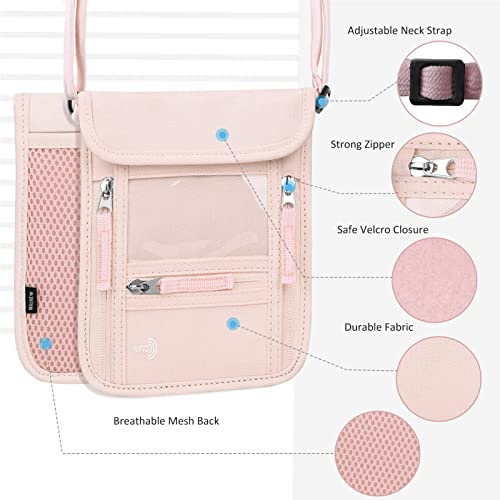 WALNEW Passport Holder Neck Pouch Travel Wallet for Women and Men, RFID Blocking Security Slim Traveling Wallet with Around Neck Lanyard Strap, Pink | Around Neck Lanyard Strap, Travel Safety Anti Theft Bag, Neck Wallet for Traveling Women - color: Pink