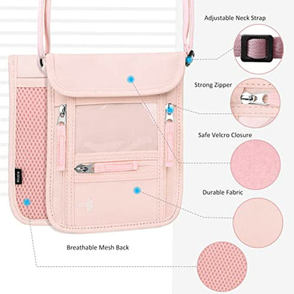 WALNEW Passport Holder Neck Pouch Travel Wallet for Women and Men, RFID Blocking Security Slim Traveling Wallet with Around Neck Lanyard Strap, Pink | Around Neck Lanyard Strap, Travel Safety Anti Theft Bag, Neck Wallet for Traveling Women - color: Pink