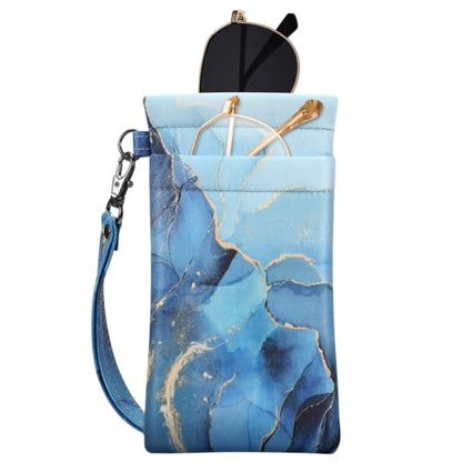 FINTIE Double Sunglasses Pouch with Strap, Squeeze Top Eyeglasses Case - color: Ocean Marble