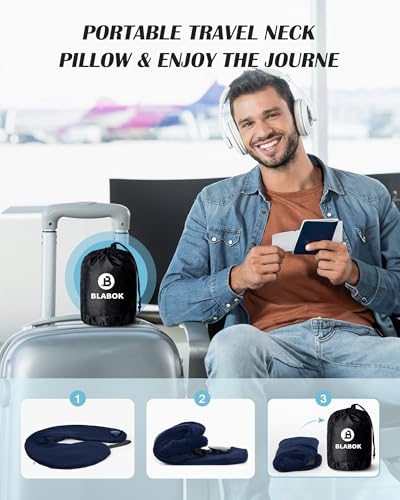 Patented Design Inflatable Travel Neck Pillow – Airplane Neck Pillow with 360° Head & Neck Support, Soft Washable Velvet Cover, Compact Neck Support Pillow for Airplane,Train,Car,Office & Home (Blue) - color: Blue
