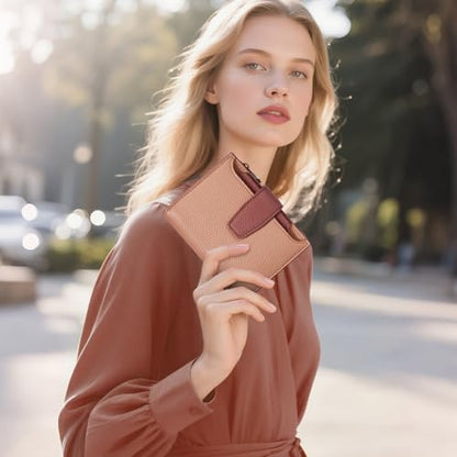 Airkit Small Wallet Women RFID Blocking Vegan Leather Bifold Compact Card Holder Wallet for Women with Zipper Coin Pocket 4 ID Window - color: Colorblock - Blush Pink/Red