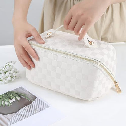 ALEXTINA Travel Makeup Bag, Checkered PU Leather Cosmetic Bag, White - color: white, size: Medium