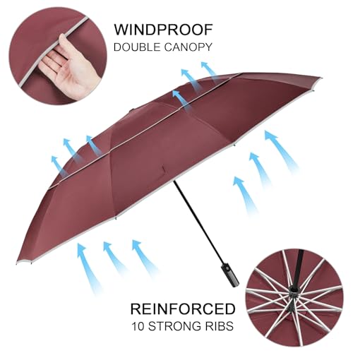 G4Free 54/62 Inch Large Inverted Golf Umbrella Windproof Reflective Stripe - color: Burgundy, size: 54 inch