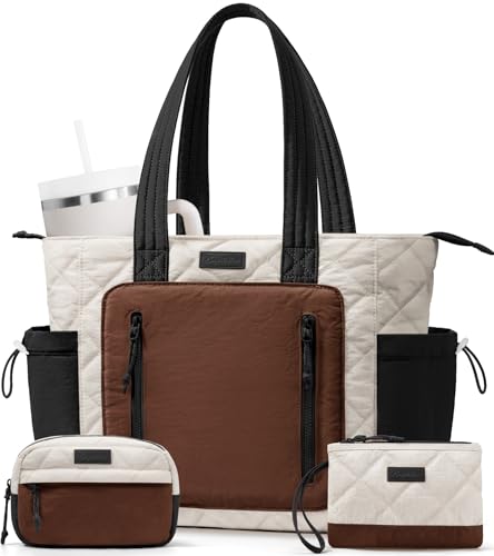 Bagstellar Puffer Tote Bag for Women, Lightweight Puffy Work Laptop Handbag - color: Cream-brown-black