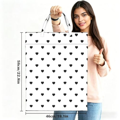 "black and white heart polka dot 2-Pack Travel Laundry Bags for Dirty Clothes- Large Waterproof Laundry Tote, Wet & Dry Use, Reusable Foldable Carry Handles for Vacation, Gym & Dorm" - color: Black And White Heart Polka Dot